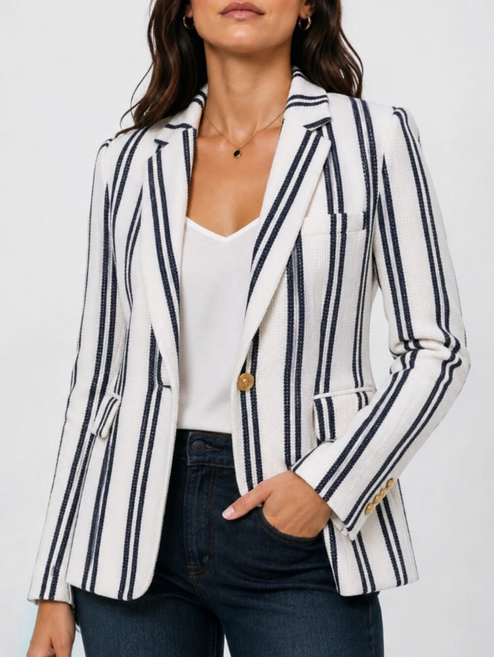 Zara Textured Knit Striped Blazer XS Ivory Navy Gold Button Nautical Preppy